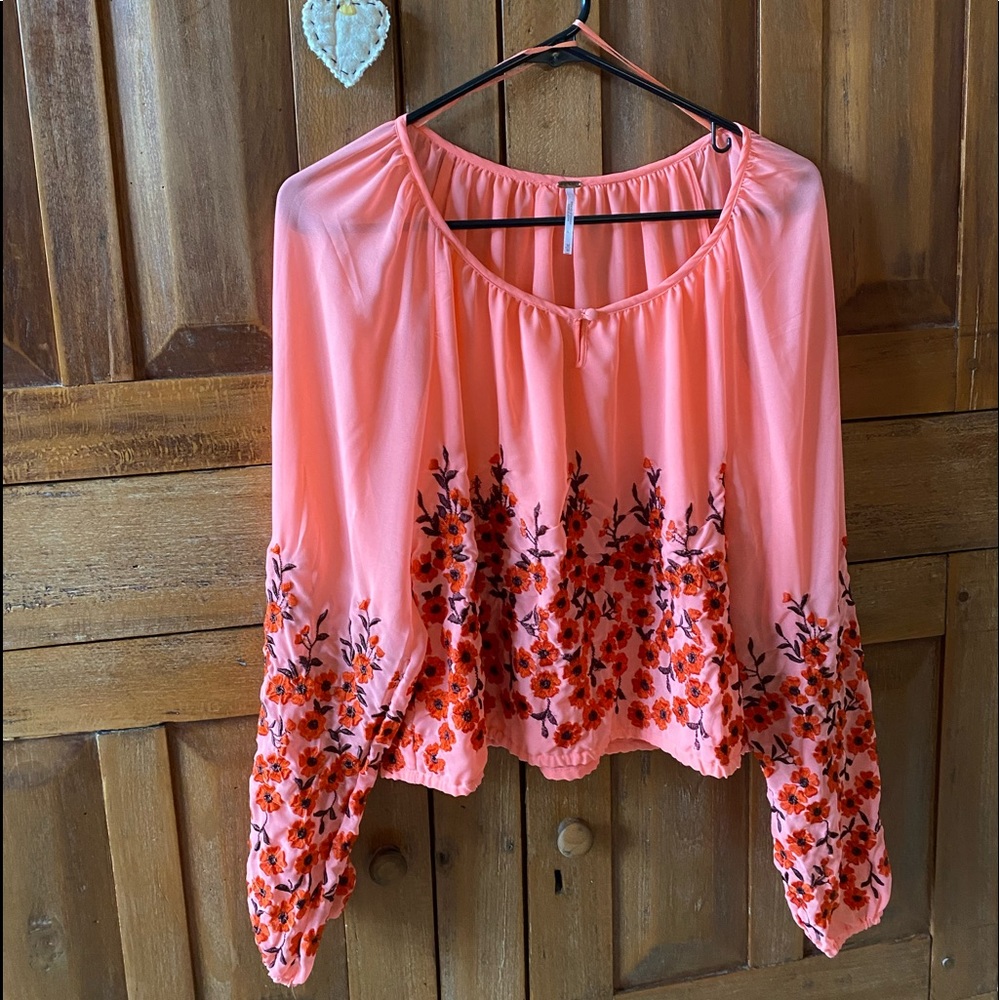 Peach long sleeve top with dark peach flowers